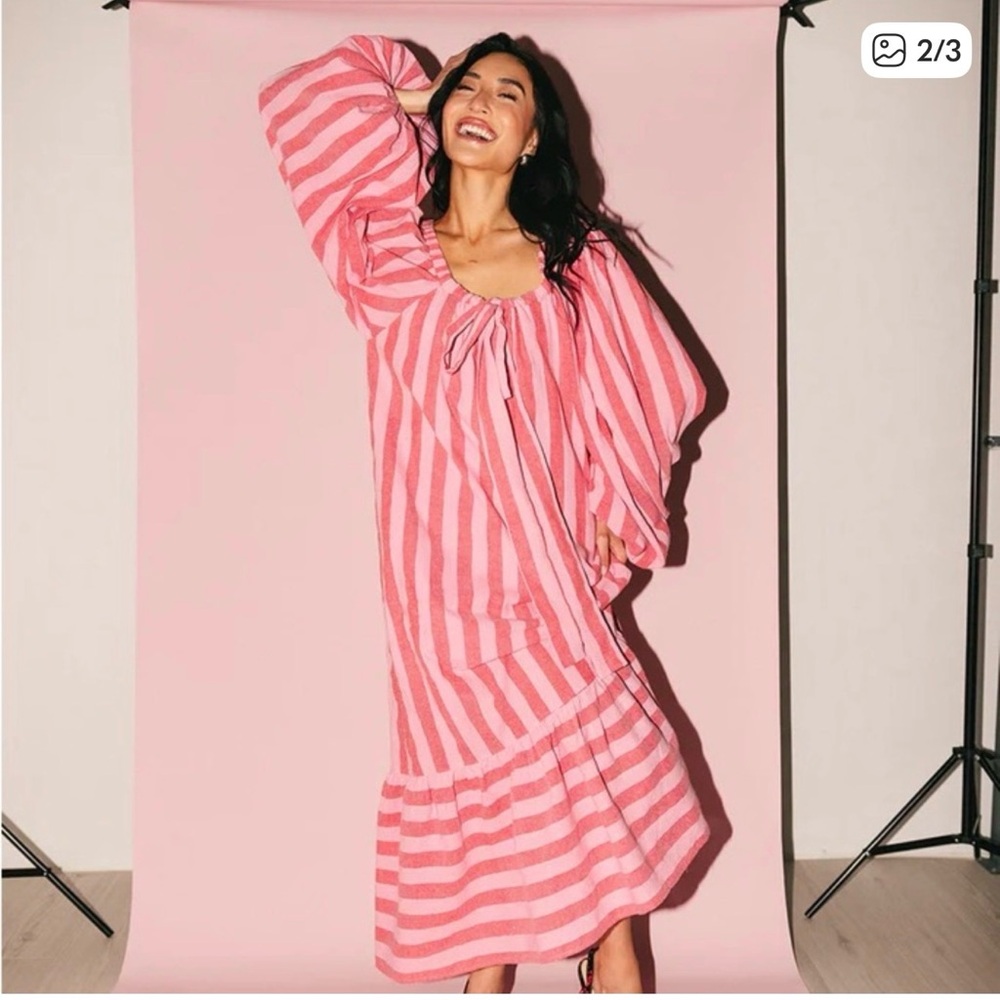 Striped Pink Maxi Dress with Balloon Sleeves